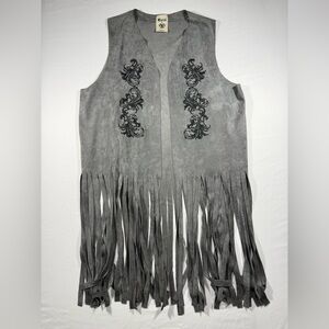 Vocal Gray Faux Suede Fringe Vest XL - Embroidered Boho Western Festival